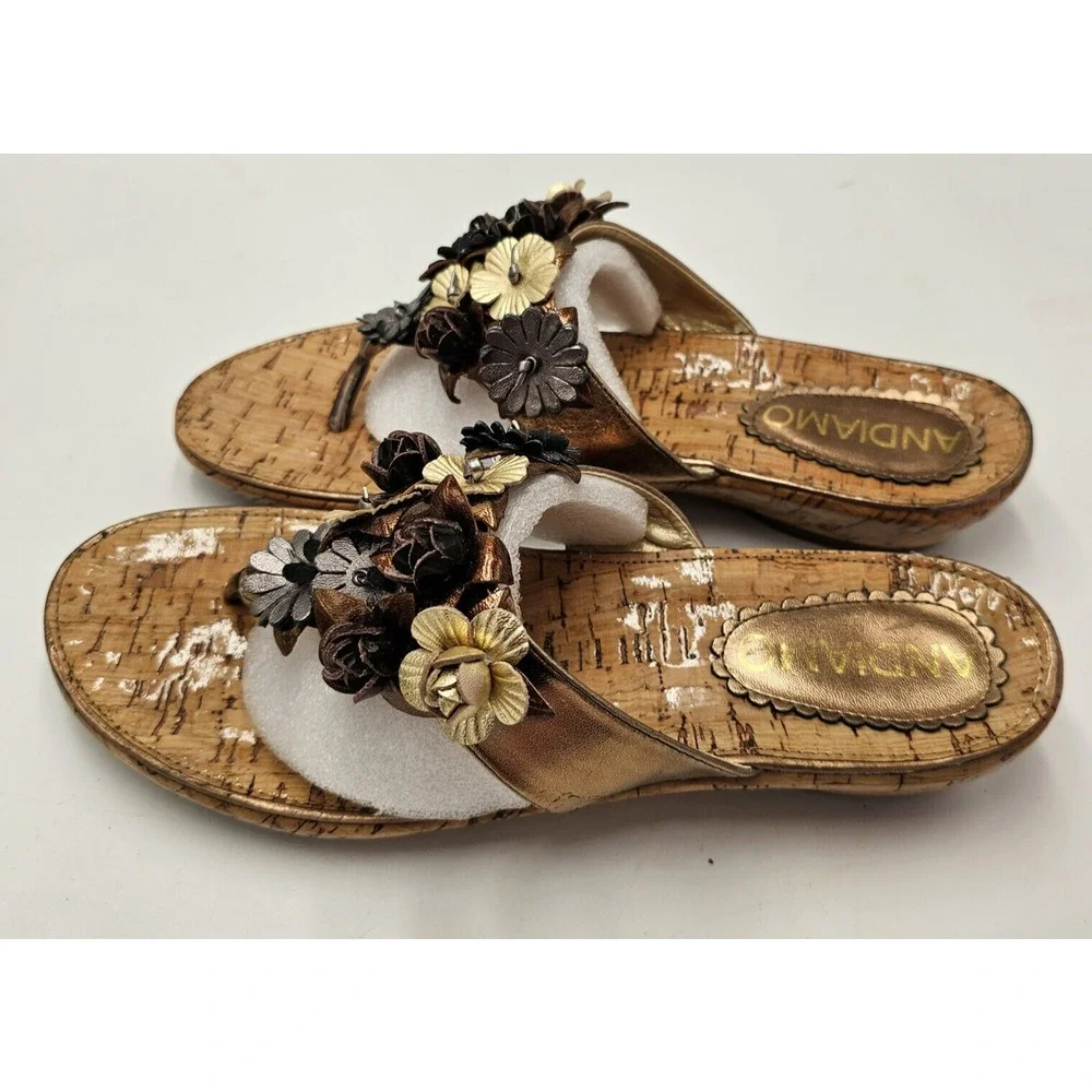 Andiamo Sandals Women Sz 8.5 Slide New Floral Bronze Black Cork Look Metallic - Picture 10 of 11